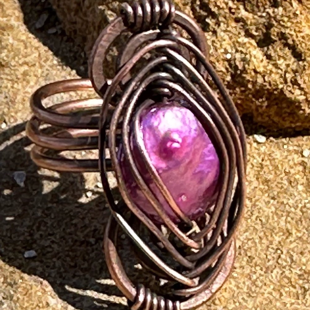 Pink Freshwater Pearl Copper Wire Wrapped Ring